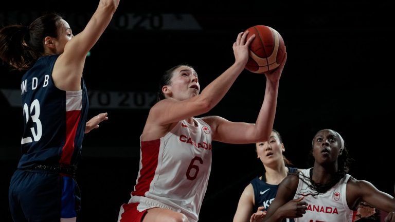 Canada's Bridget Carleton (6), second left, drives to the basket past South Korea's Danbi Kim (23), left, during women's basketball preliminary round game at the 2020 Summer Olympics, Thursday, July 29, 2021, in Saitama, Japan. (Eric Gay/AP Photo)