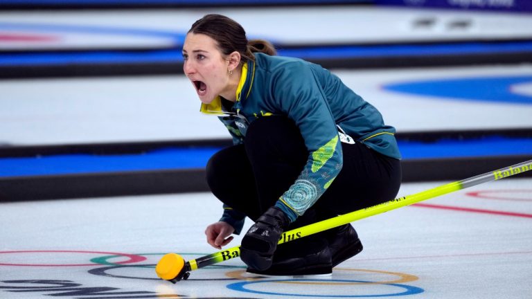 Australia's Tahli Gill, directs her team mate, during the mixed doubles match against Norway, at the 2022 Winter Olympics, Saturday, Feb. 5, 2022, in Beijing. (Nariman El-Mofty/AP)