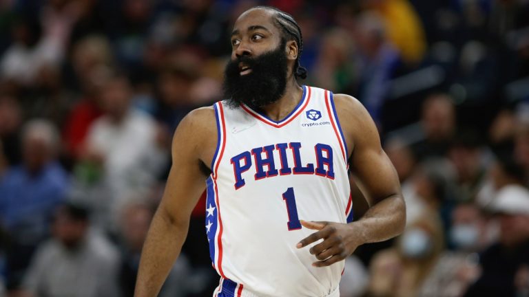 Philadelphia 76ers guard James Harden plays during the first half of the team's NBA basketball game against the Minnesota Timberwolves, Friday, Feb. 25, 2022, in Minneapolis. (Stacy Bengs/AP)