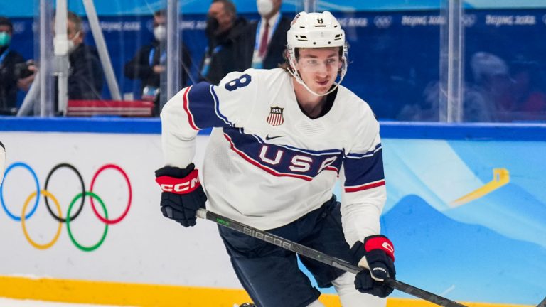 Jake Sanderson #8 of Team United States skates during the first period at the Beijing 2022 Olympic Winter Games. (Darren Calabrese/COC)