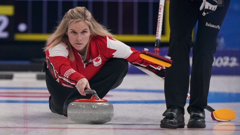 Canada's Jennifer Jones throws a rock during a women's curling match against the United States at the Beijing Winter Olympics Wednesday, Feb. 16, 2022, in Beijing. (Brynn Anderson/AP)