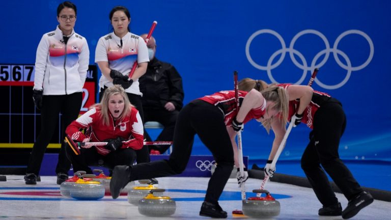 Canada's skip Jennifer Jones, directs her teammates, during the women's curling match against South Korea, at the 2022 Winter Olympics, Thursday, Feb. 10, 2022, in Beijing. (Nariman El-Mofty/AP)