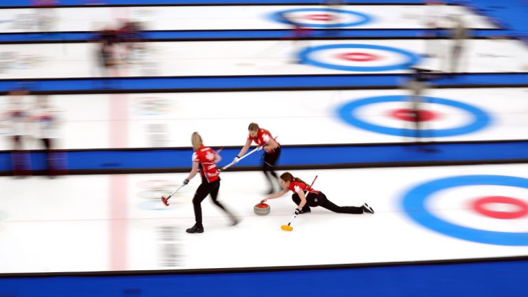 The Canada team during the Women's Curling Round Robin Session 2 against Republic of Korea during day six of the Beijing 2022 Winter Olympic Games at the National Aquatics Centre in China. Picture date: Thursday February 10, 2022. (AP)