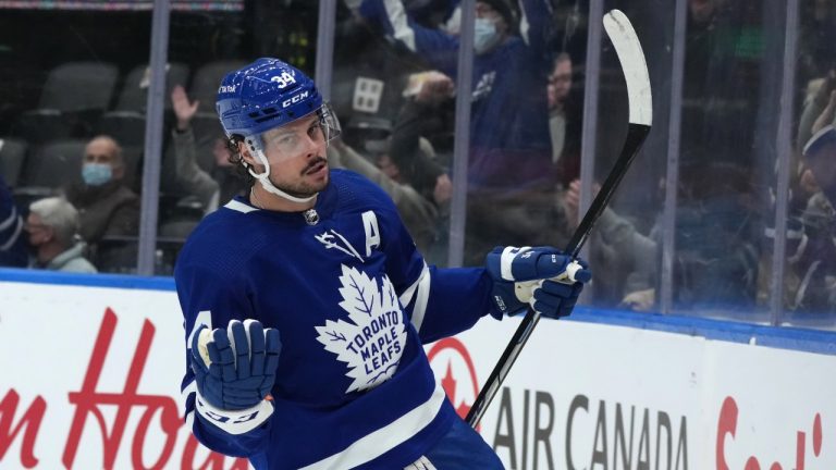 Toronto Maple Leafs centre Auston Matthews (34) reacts after scoring the Leafs' first goal of the game against theMinnesota Wild during second period NHL hockey action in Toronto on Thursday, February 24, 2022. (Nathan Denette/CP)