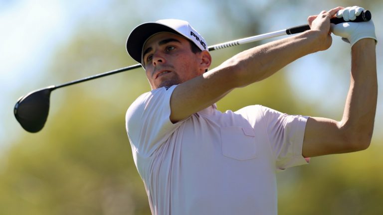 Joaquin Niemann, of Chile, tees off on the 17th hole during the second round of the Genesis Invitational golf tournament at Riviera Country Club, Friday, Feb. 18, 2022, in the Pacific Palisades area of Los Angeles. (Ryan Kang/AP)