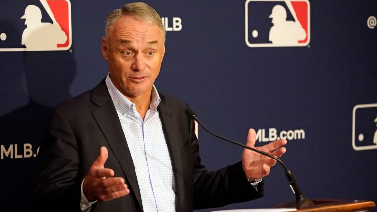 Major League Baseball commissioner Rob Manfred makes comments during a news conference at MLB baseball owners meetings. (John Raoux/AP)