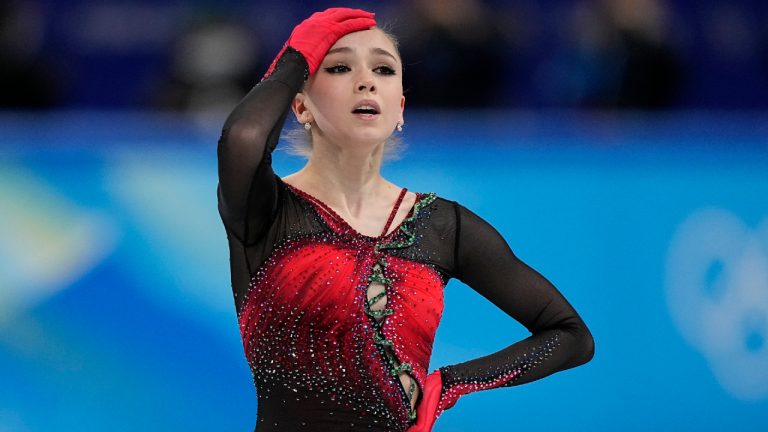 Kamila Valieva, of the Russian Olympic Committee, reacts in the women's team free skate program during the figure skating competition at the 2022 Winter Olympics, Monday, Feb. 7, 2022, in Beijing. (David J. Phillip/AP) 