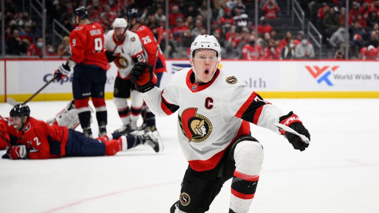 Ottawa Senators left wing Brady Tkachuk (7) celebrates his goal during the second period of an NHL hockey game against the Washington Capitals. (Nick Wass/AP)