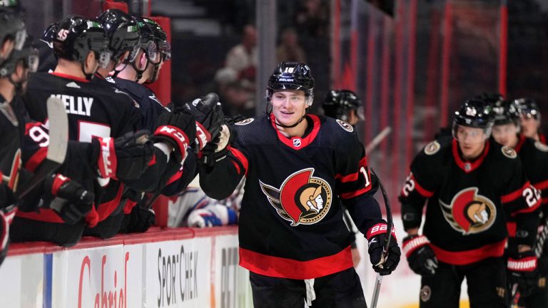 Ottawa Senators left wing Tim Stutzle (18) celebrates a goal against the New York Rangers. (Justin Tang/CP)