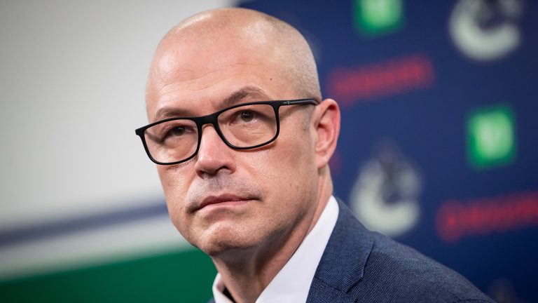 Vancouver Canucks general manager Patrik Allvin listens during a news conference. (Darryl Dyck/CP)