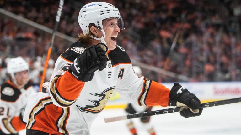 Anaheim Ducks' Josh Manson (42) reacts as the puck goes in the net against the Edmonton Oilers during first period NHL action in Edmonton on Tuesday, October 19, 2021. (Jason Franson/CP)