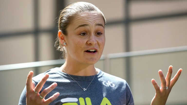 Ash Barty of Australia gestures during a press conference in Brisbane, Australia, Thursday, March 24, 2022. In a shock announcement Wednesday March 23, 2022, No. 1-ranked Barty announced her retirement from tennis. (Jono Searle/AAPImage via AP)