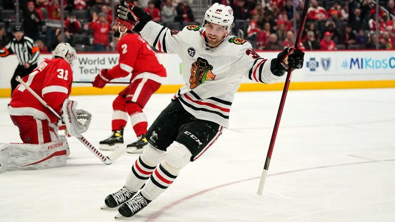 Chicago Blackhawks left wing Brandon Hagel (38) celebrates his goal against the Detroit Red Wings. (Paul Sancya/AP)