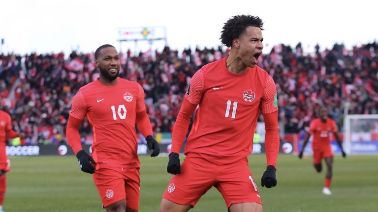 Tajon Buchanan celebrates after scoring Canada's second goal vs. Jamaica. (Alex D'Addese/Sportsnet)