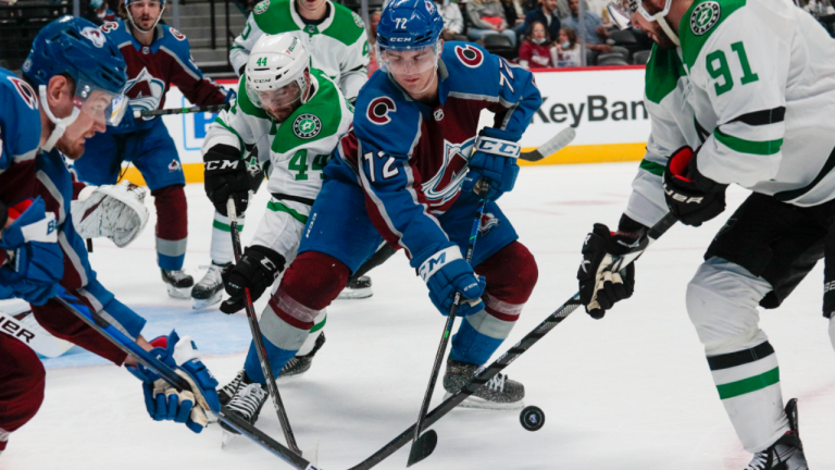 Colorado Avalanche right wing Valeri Nichushkin (13), Dallas Stars defenseman Joel Hanley (44), Avalanche defenseman Justin Barron (72) and Stars center Tyler Seguin (91) converge on the puck during the second period of a preseason NHL game in Denver, Saturday, Oct. 9, 2021. (AP/file)