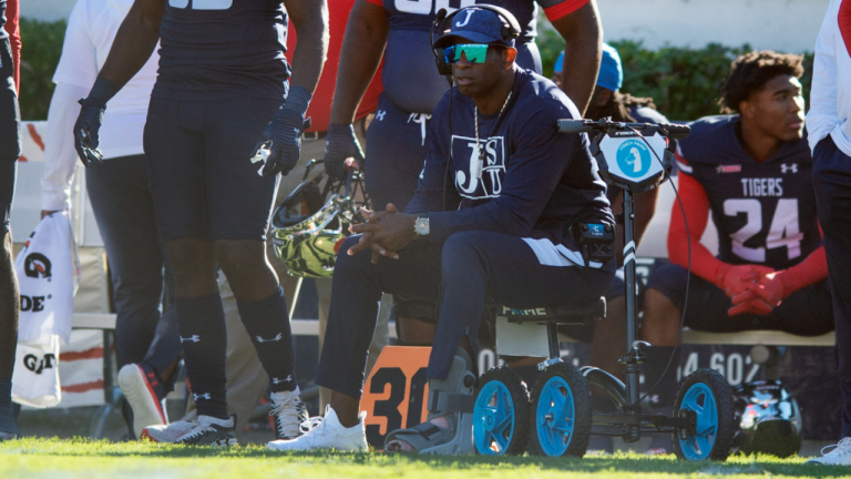 Jackson State coach Deion Sanders watches from the sideline during the team's NCAA college football game against Alabama State in Jackson, Miss., Saturday, Oct. 16, 2021. (AP/file)