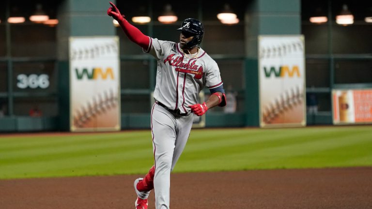 Atlanta Braves' Jorge Soler celebrates a three-run home run. (Eric Gay/AP)