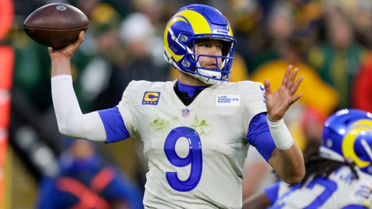 Los Angeles Rams' Matthew Stafford throws during the first half of an NFL football game. (Matt Ludtke/AP)