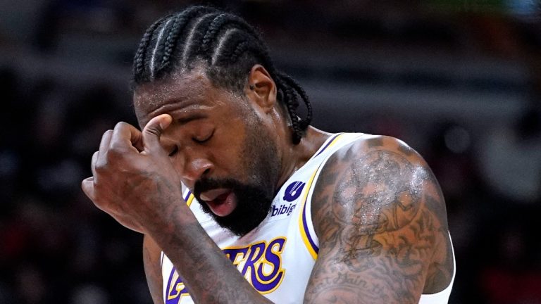 Los Angeles Lakers centre DeAndre Jordan reacts after Chicago Bulls guard Coby White scored a basket. (Nam Y. Huh/AP)