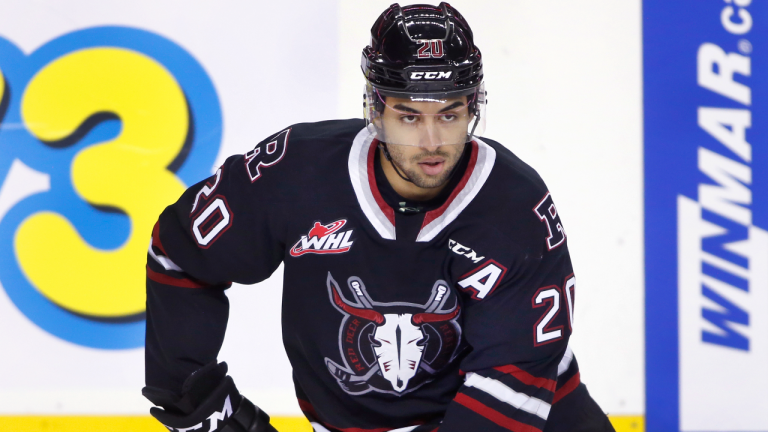 Red Deer Rebels player Arshdeep Bains during WHL  action against the Calgary Hitmen in Calgary, Alta., on Dec. 19, 2021. (CP/file)