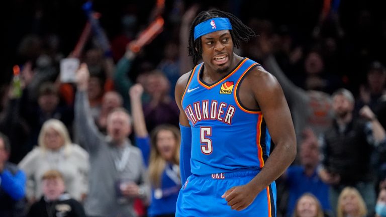 Oklahoma City Thunder forward Luguentz Dort celebrates after a three-point basket. (Sue Ogrocki/AP)