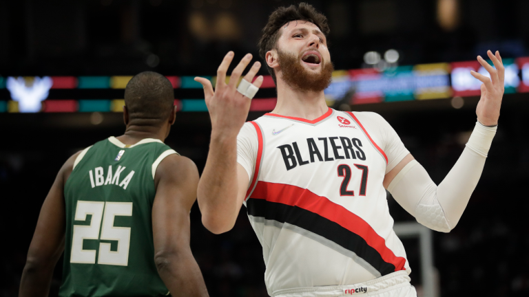 Portland Trail Blazers' Jusuf Nurkic (27) reacts to a call during the first half of an NBA basketball game against the Milwaukee Bucks, Monday, Feb. 14, 2022, in Milwaukee. (AP)