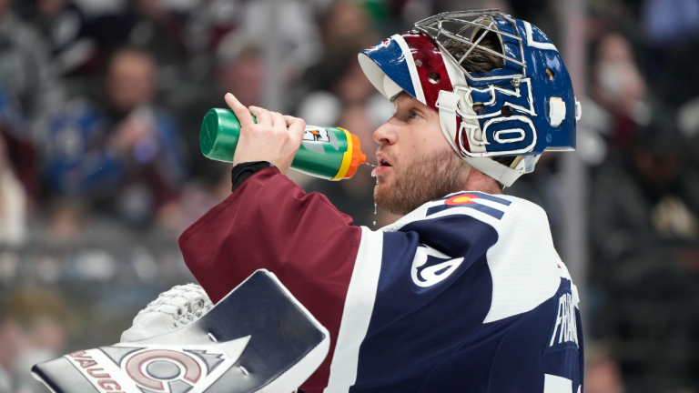 Colorado Avalanche goaltender Pavel Francouz takes a drink during a time out against the Dallas Stars in the second period of an NHL hockey game Tuesday, Feb. 15, 2022, in Denver. (AP)