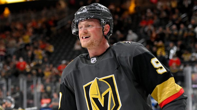 Vegas Golden Knights center Jack Eichel warms up for the team's NHL hockey game against the Avalanche. (David Becker/AP)