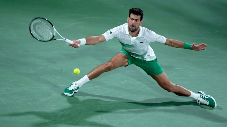 Serbia's Novak Djokovic returns the ball to Czech Republic's Jiri Vesely during a match at the Dubai Duty Free Tennis Championship (Ebrahim Noroozi/AP)