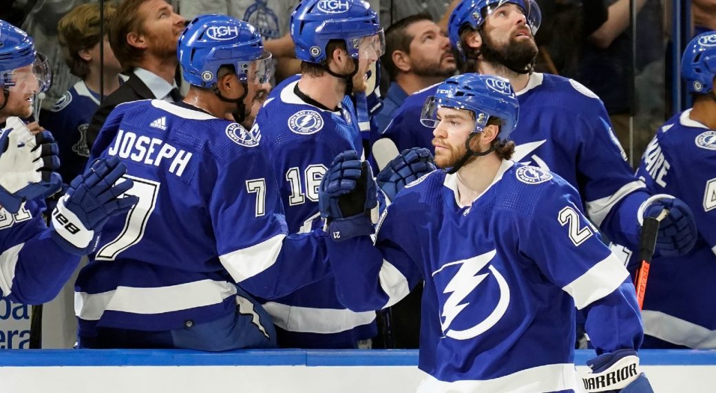 Tampa Bay Lightning center Brayden Point (21) before an NHL hockey