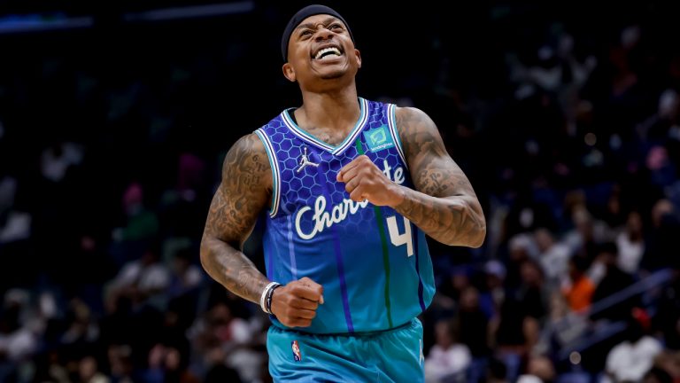 Charlotte Hornets guard Isaiah Thomas reacts after scoring against the New Orleans Pelicans during the fourth quarter of an NBA basketball game in New Orleans, Friday, March 11, 2022. (AP Photo/Derick Hingle)