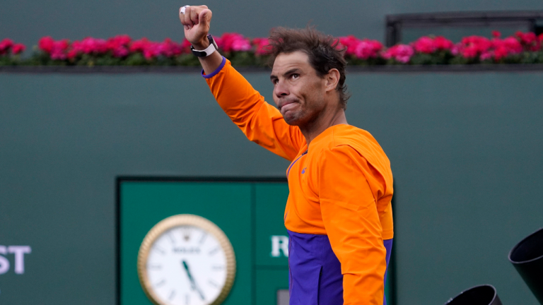 Rafael Nadal, of Spain, reacts to the crowd after losing to Taylor Fritz in the men's singles finals at the BNP Paribas Open tennis tournament Sunday, March 20, 2022, in Indian Wells, Calif. Fritz won 6-3, 7-6. (AP)