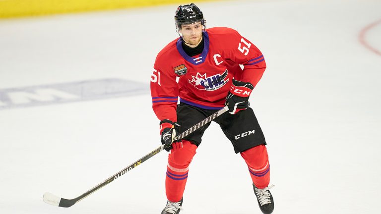 Shane Wright, of the Kingston Frontenacs, watches the play during the 2022 Kubota CHL/NHL Top Prospects game in Kitchener, Ontario on Wednesday, March 23, 2022. (Geoff Robins/CP)