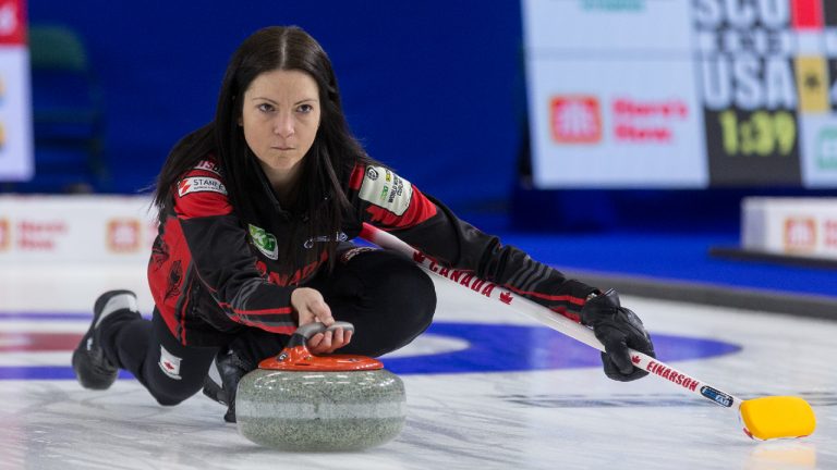 Canada skip Kerri Einarson throws a stone against Germany at CN Centre during the Women's World Curling. (James Doyle/CP)