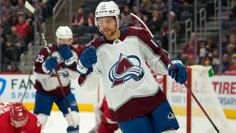 Colorado Avalanche center Tyson Jost (17) celebrates his goal against the Detroit Red Wings in the first period of an NHL hockey game Wednesday, Feb. 23, 2022, in Detroit. (Paul Sancya/AP)