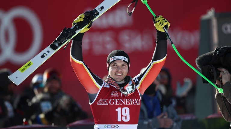 Canada's James Crawford celebrates taking second place in an alpine ski, men's World Cup super-G, in Kvitfjell, Norway, Sunday March 6, 2022. (Gabriele Facciotti/AP)