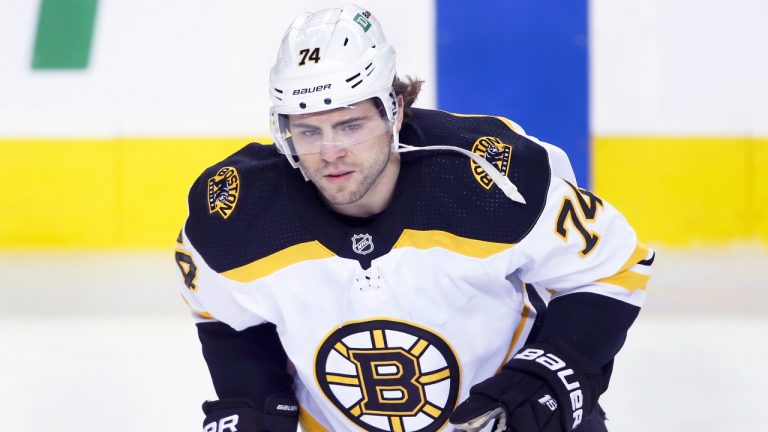 Boston Bruins player Jake DeBrusk at a game against the Calgary Flames. (Larry MacDougal/CP)