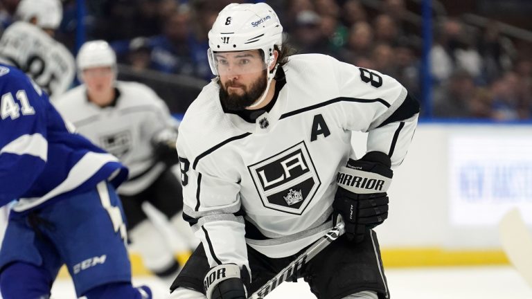 Los Angeles Kings defenceman Drew Doughty (8) during the third period of an NHL hockey game Tuesday, Dec. 14, 2021, in Tampa, Fla. (Chris O'Meara/AP)