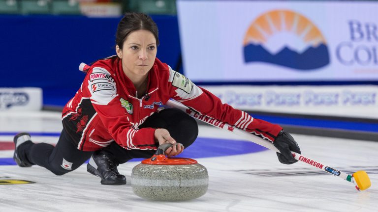 Team Canada skip Kerri Einarson throws a stone in the bronze medal game against Team Sweden at CN Centre during the Women's World Curling in Prince George, B.C., on Sunday, March 27, 2022. (James Doyle/CP)