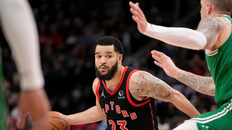 Toronto Raptors guard Fred VanVleet (23) drives the ball down court during second half NBA basketball action against the Boston Celtics, in Toronto, Monday, March 28, 2022. (Frank Gunn/CP)