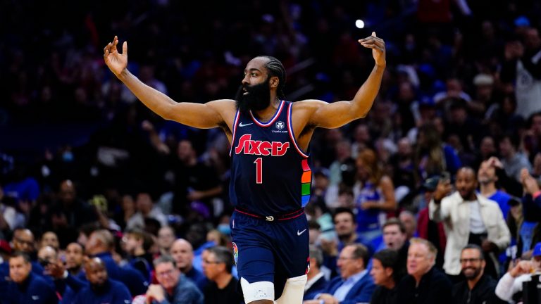 Philadelphia 76ers' James Harden reacts during the second half of an NBA basketball game against the Chicago Bulls, Monday, March 7, 2022, in Philadelphia. (Matt Slocum/AP)