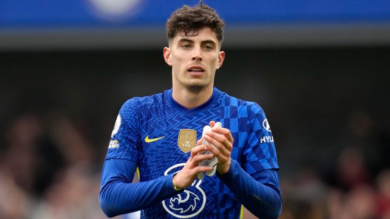 Chelsea's Kai Havertz celebrates at the end of the English Premier League soccer match between Chelsea and Newcastle United at Stamford Bridge stadium in London, Sunday, March 13, 2022. (Kirsty Wigglesworth/AP)