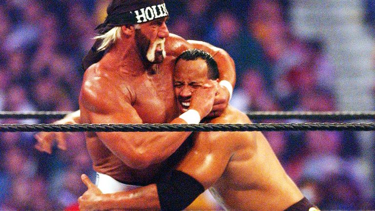 Hollywood Hulk Hogan and The Rock battle at Wrestlemania 18 in Toronto on March 17, 2002. (George Pimentel/WireImage)