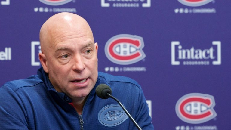 Montreal Canadiens’ general manager Kent Hughes responds to a question during a news conference on NHL trade deadline day, in Brossard, Que. on Monday, March 21, 2022. (Paul Chiasson/CP)