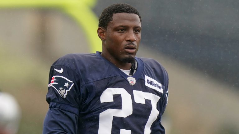 New England Patriots defensive back J.C. Jackson (27) warms up during an NFL football practice, Wednesday, Sept. 22, 2021, in Foxborough, Mass. (Steven Senne/AP)