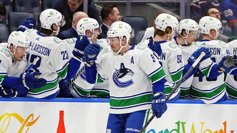 Vancouver Canucks' J.T. Miller celebrates with teammates after scoring a goal. (AP Photo/Frank Franklin II)