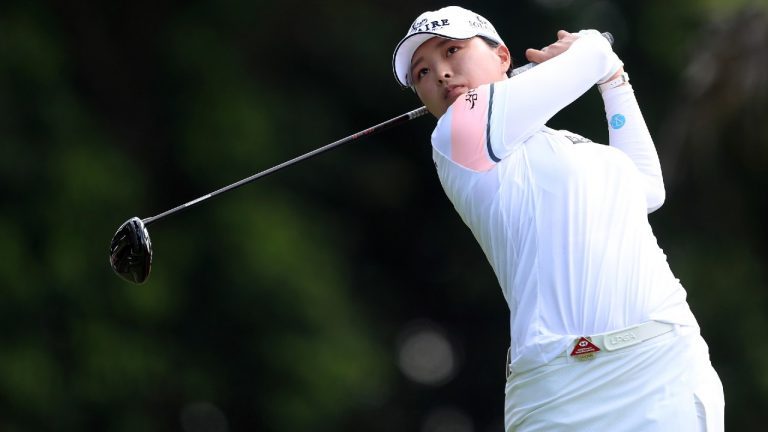 Jin Young Ko of South Korea plays a shot from the 5th tee during her first round at the Women's World Championship of golf at Sentosa Golf Club in Singapore, Thursday, March 3, 2022. (Paul Miller/AP)