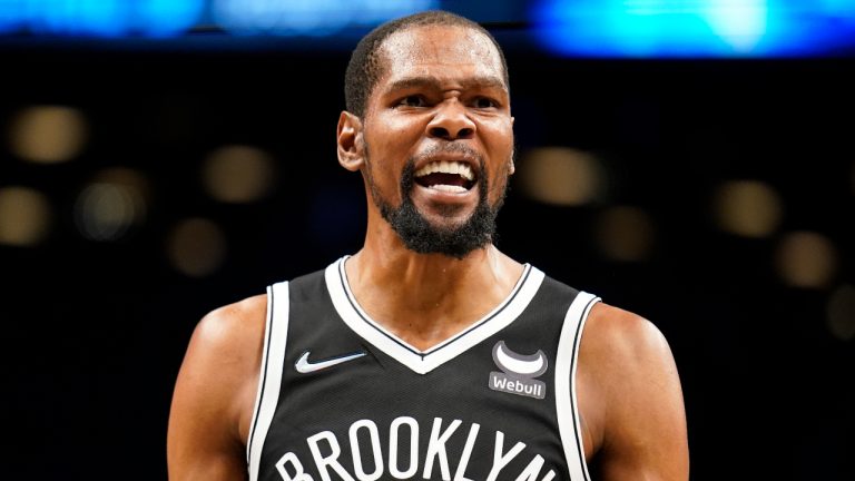 Brooklyn Nets forward Kevin Durant reacts to a referee call in the first half of an NBA basketball game against the Dallas Mavericks, Wednesday, March 16, 2022, in New York. (John Minchillo/AP)