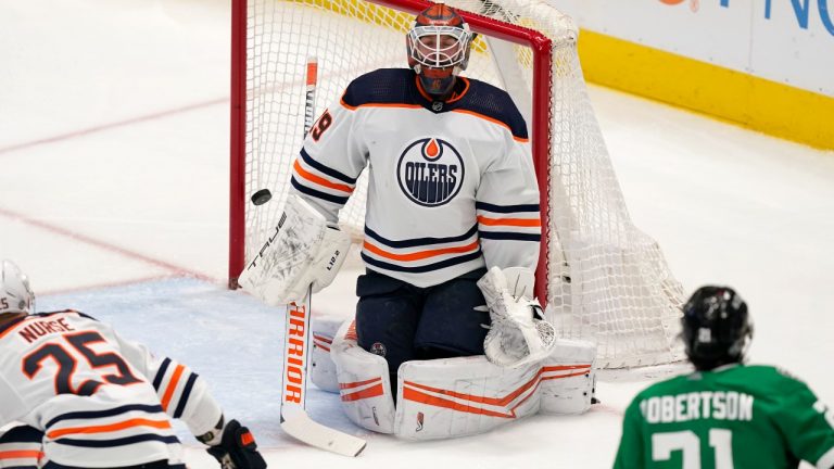 Edmonton Oilers goaltender Mikko Koskinen (19) reacts after giving up a goal to Dallas Stars left wing Jason Robertson (21) during the second period of an NHL hockey game in Dallas, Tuesday, March 22, 2022. (LM Otero/AP Photo)