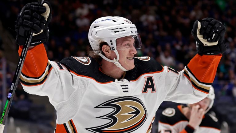 Anaheim Ducks defenceman Josh Manson reacts after scoring a goal in the first period of an NHL hockey game against the New York Islanders, Sunday, March 13, 2022, in Elmont, N.Y. (Adam Hunger/AP)